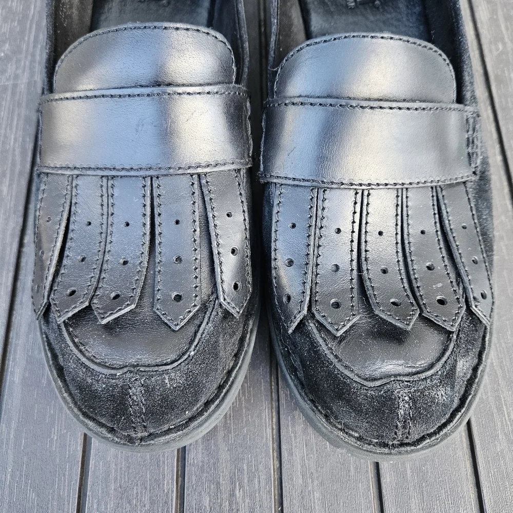 Born Black Suede Leather Penny Loafers with Fringe Slip On Shoes F3003 Womens 10